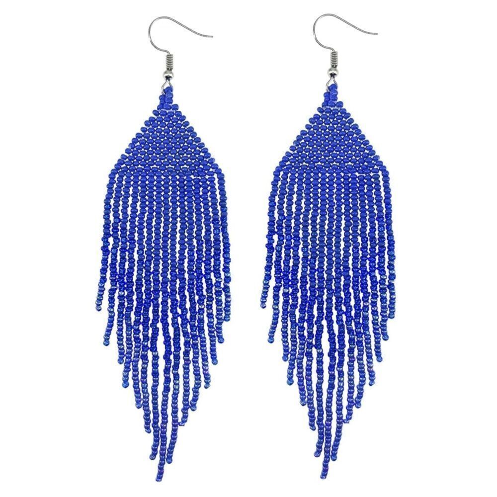 Navy Blue Bohemian Seed Bead Tassel Dangling Statement French Wire Hook Earrings